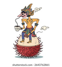 A traditional puppet figure, adorned in elaborate costume, sits atop a rambutan fruit, sipping from a mug.