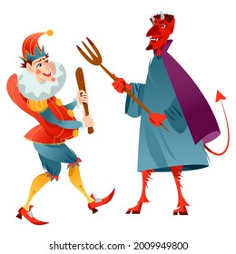 Traditional puppet show featuring Mr. Punch. Punch and the Devil. Vector illustration