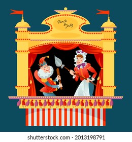Traditional puppet show featuring Mr. Punch and his wife Judy. Vector illustration