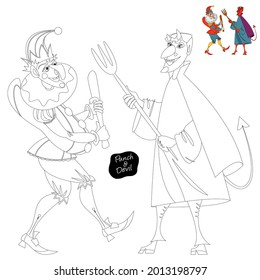 Traditional puppet show featuring Mr. Punch. Punch and the Devil. Coloring page. Vector illustration