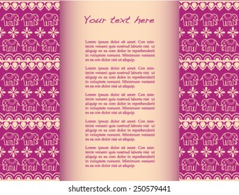 Traditional purple and cream Indian henna elephant mandala design invitation with space for text 