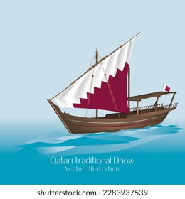 Traditional Qatari Dhow with flag. Vector Illustration