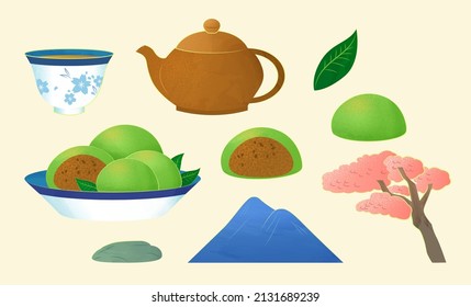 Traditional Qing Ming Festival decoration set, including tea cup, tea pot, green rice balls, mountain, and pink tree.