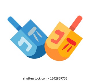 Traditional quadrangle toy for kids - wooden dreidels, for games during the Jewish holiday of Hanukkah, with lettering with Hebrew alphabet, dedicated to the Jews on Hanukkah. Vector illustration.