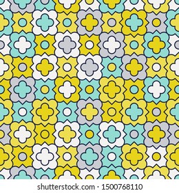 Traditional quatrefoil lattice pattern. Colorful quatrefoil shapes, retro colors - mint, mustard yellow. Seamless vector background.