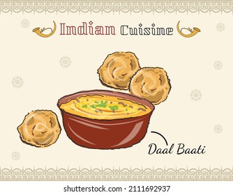 Traditional Rajasthani cuisine daal bati served along with onion and daal bati churma