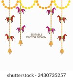 Traditional rajasthani decor hanging vector design with marigold garland, colorful horse, bells. Use for haldi ceremony decor, mehendi decor, indian wedding invite background. Sangeet setup decoration