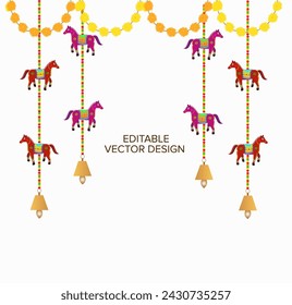 Traditional rajasthani decor hanging vector design with marigold garland, colorful horse, bells. Use for haldi ceremony decor, mehendi decor, indian wedding invite background. Sangeet setup decoration