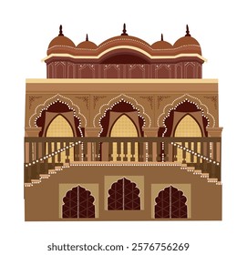 Traditional Rajasthani Royal Mughal Arch Palace Mahal Temple fort illustration vector design with stairs and jharoka, peacock vector, Mughal foliage garden