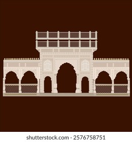 Traditional Rajasthani Royal Mughal Arch Palace Mahal Temple fort illustration flat vector jharoka, peacock vector, Mughal foliage garden, Mughal architecture, Indian wedding invite