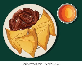 Traditional Ramadan Iftar Spread Vector; Top View of Samosas, Dates, and Orange Juice for Muslim Breaking Fast Celebration and Islamic Food Blog Graphics.