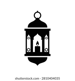 Traditional ramadan lantern icon with candle and islamic motifs. A black silhouette of a decorative fanous lantern featuring an arched window, a lit candle, and geometric star patterns. Ideal for Ramadan greeting cards or cultural event branding.