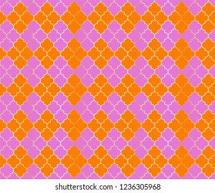 Traditional ramadan pattern with gold grid. Cool islamic argyle seamless design of lantern lattice shape tiles.
