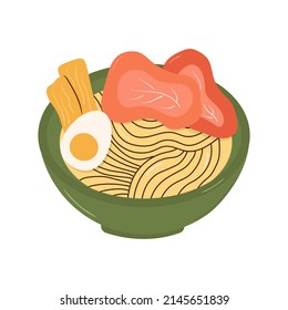 Traditional ramen with noodles, egg and meat isolated on white. Asian cuisine. Top view bowl. Hand drawn vector clipart