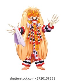 Bailarina tradicional de Rangda de Bali en traje completo con pelo largo y máscara feroz. Ilustración de personaje de dibujos animados de Vector
