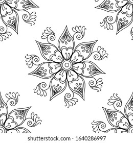 Traditional Rangoli design concept of Circles, flower petals, Leaves and spirals is in Seamless pattern