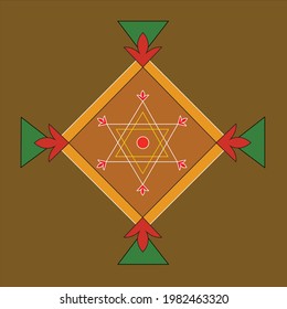 Traditional rangoli design in square form with orange and green color on earthy background.  