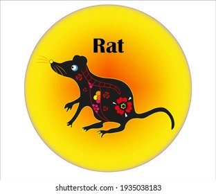 Traditional Rat Chinese Zodiac  in golden circle, Vector Mouse ,Mice Illustration 