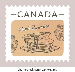 Traditional recipe and dishes of Canada. Postcard or postmark with canada maple pancakes. Postal mark or card, mailing letter and correspondence. Monochrome sketch outline. Vector in flat style