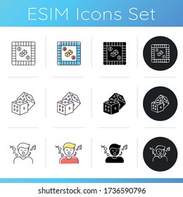Traditional recreational games icons set. Popular pastime, fun party activities. Property trading, singing and dice games. Linear, black and RGB color styles. Isolated vector illustrations
