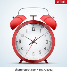 Traditional red alarm clock. Classic silver design and gloss metal. Vector Illustration Isolated on background.