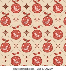 Traditional red and beige Christmas pattern in folk art style with orange fruit, bird motifs and snowflakes in symmetrical geometric grid. Festive tile background for gift wrap and scrapbooking.