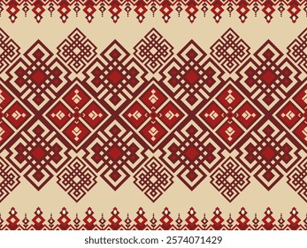 A traditional red and beige geometric pattern featuring symmetrical diamond motifs, showcasing tribal ethnic art and intricate decorative designs, representing cultural heritage and craftsmanship