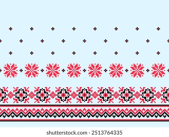 Padrão floral tradicional do ponto da cruz vermelha e preta