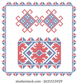 Os ornamentos tradicionais de bordados vermelhos e azuis repetem elementos, design histórico da região de Mykolaiv, Ucrânia