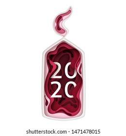 Traditional red candles in paper cut trendy craft cartoon style. 2020 Happy New Year. Christmas holidays background. Modern origami design template. Vector illustration.