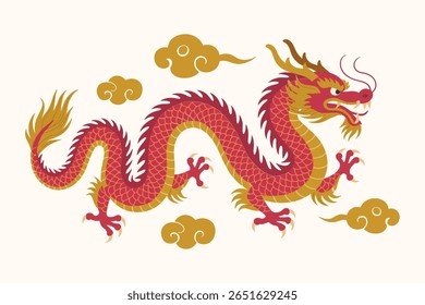 Traditional red Chinese dragon with clouds illustration for cultural celebration and mythology themed design