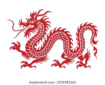 Traditional Red Chinese Dragon Silhouette with Zodiac Symbol and Crawling Details – Celebrating Lunar New Year in Asian Culture