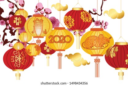 Traditional red Chinese lantern decorated for the Chinese New Year. Translation Mouse