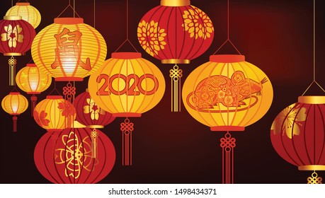 Traditional red Chinese lantern decorated for the Chinese New Year. Translation Mouse