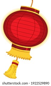 Traditional red Chinese lantern decorated with golden fringes and tassel, isolated over white background.