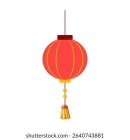 Traditional Red Chinese Lantern Vector Illustration. The lantern is round with a smooth surface, decorated with elegant yellow vertical stripes and golden ornamental details.