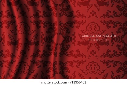 Traditional Red Chinese Silk Satin Fabric Cloth Background spiral wave frame pigeon flower