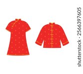 Traditional Red Chinese Women Cheongsam Dress and Traditional Red Chinese Jacket Tang Suit illustration 