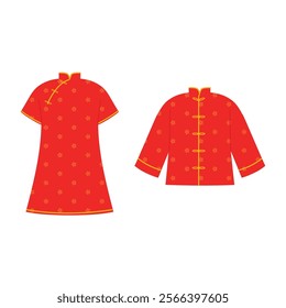 Traditional Red Chinese Women Cheongsam Dress and Traditional Red Chinese Jacket Tang Suit illustration 