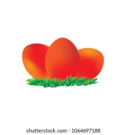 Traditional red Easter eggs lying on green grass. Vector illustration isolated on white background. 