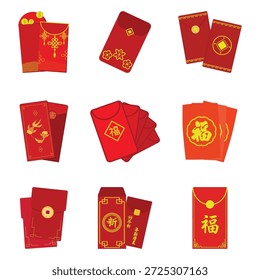 Conjunto de sobres rojos tradicionales. Vector de bolsas de dinero de la suerte o Ang Pao con oro bendiciones chinas para el regalo del año Nuevo lunar