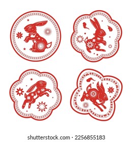 Traditional red festive emblems with rabbits as symbol of chinese new year 2023 isolated vector illustration