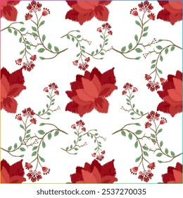 Traditional Red Floral Ikat Pattern with Green Leaves and Abstract Flower Motifs - Nature-Inspired Textile Design for Fabric, Wallpaper, and Home Decor - Vintage Botanical Art Style for Fashion Access