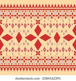 Traditional Red Geometric Florals Motif Pattern Design on Beige Background Seamless Pattern Border Vector. Ancient Beautiful Homespun Elegance Embroidery Handicraft Print Silk Ethnic Chevron Exquisite