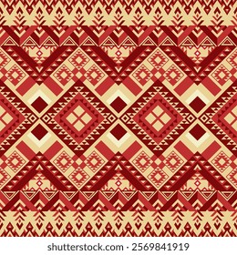 Traditional Red Geometric Pattern with Diamond Shapes and Tribal-Inspired Symmetrical Design for Textiles