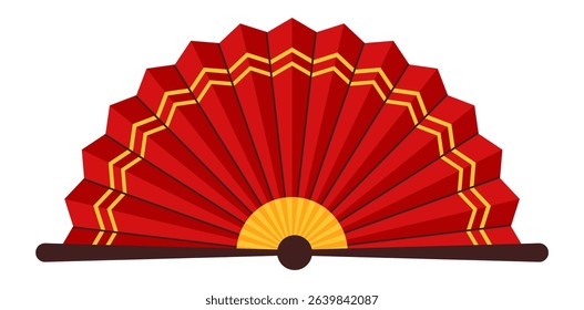 Traditional red and gold chinese folding fan opened, showing its ribs and sticks, isolated on white background, representing chinese new year and culture