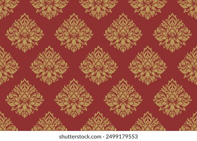 Traditional Red and Gold Damask Seamless Pattern, Ornate Floral Design for Luxury Textiles, Wallpapers, and Home Decor Crafts