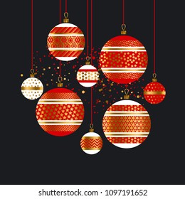 Traditional red and gold xmas baubles. Christmas decor element on black backdrop  for header, card, invitation, poster, cover and other web and print design projects 