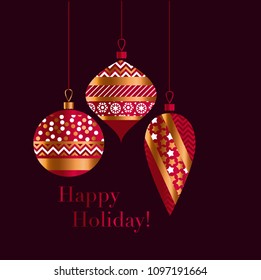 Traditional red and gold xmas baubles. Christmas decor element on black backdrop  for header, card, invitation, poster, cover and other web and print design projects 