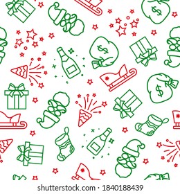 Traditional red and green light Christmas seamless pattern on a white background. New years holidays.
